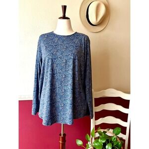Pure Jill Blue Floral Paisley Pima Cotton Long Sleeve Shirttail Tee XL Stretch
